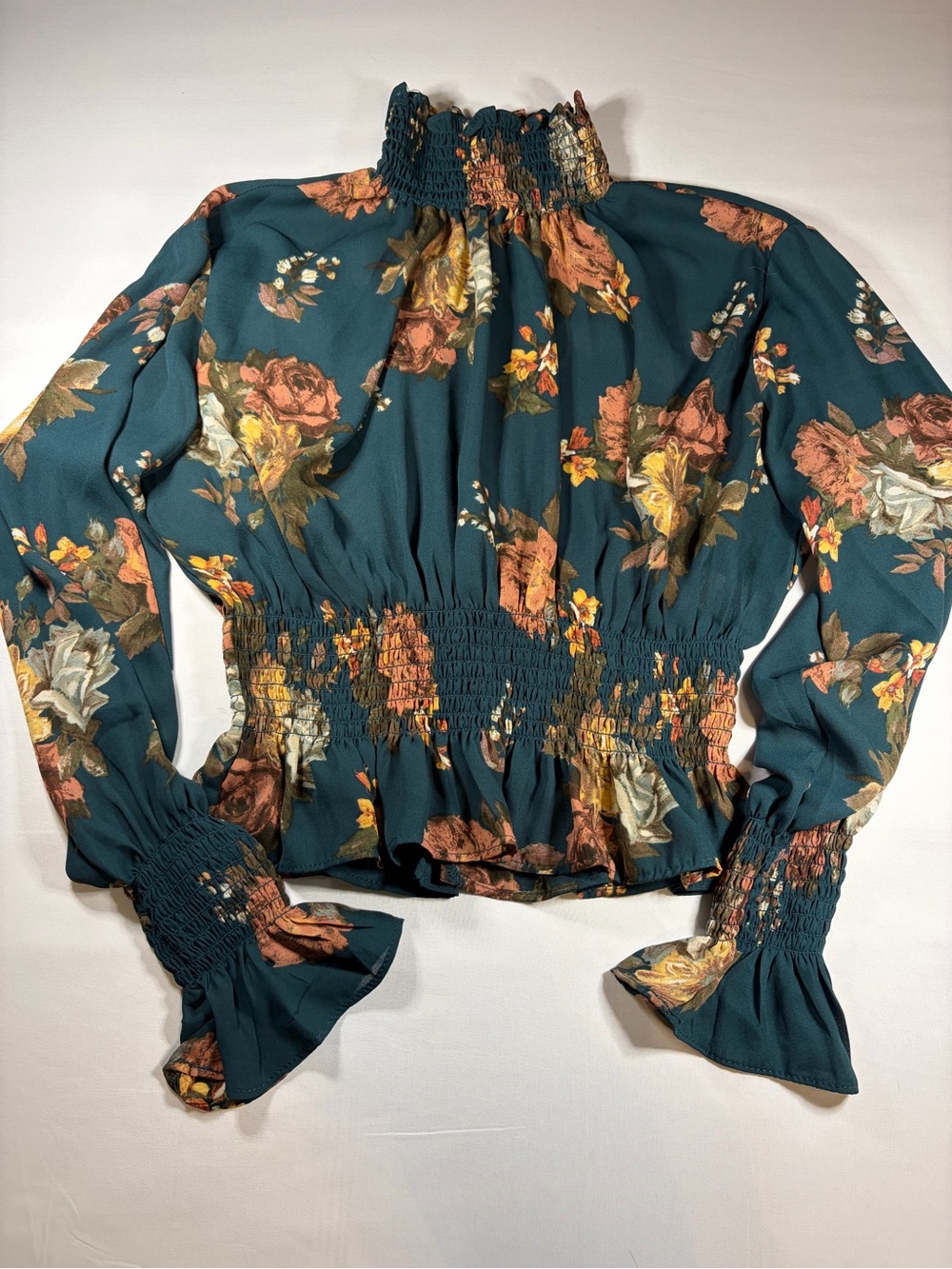 Teal Floral Smocked Waist Long-Sleeve Blouse
